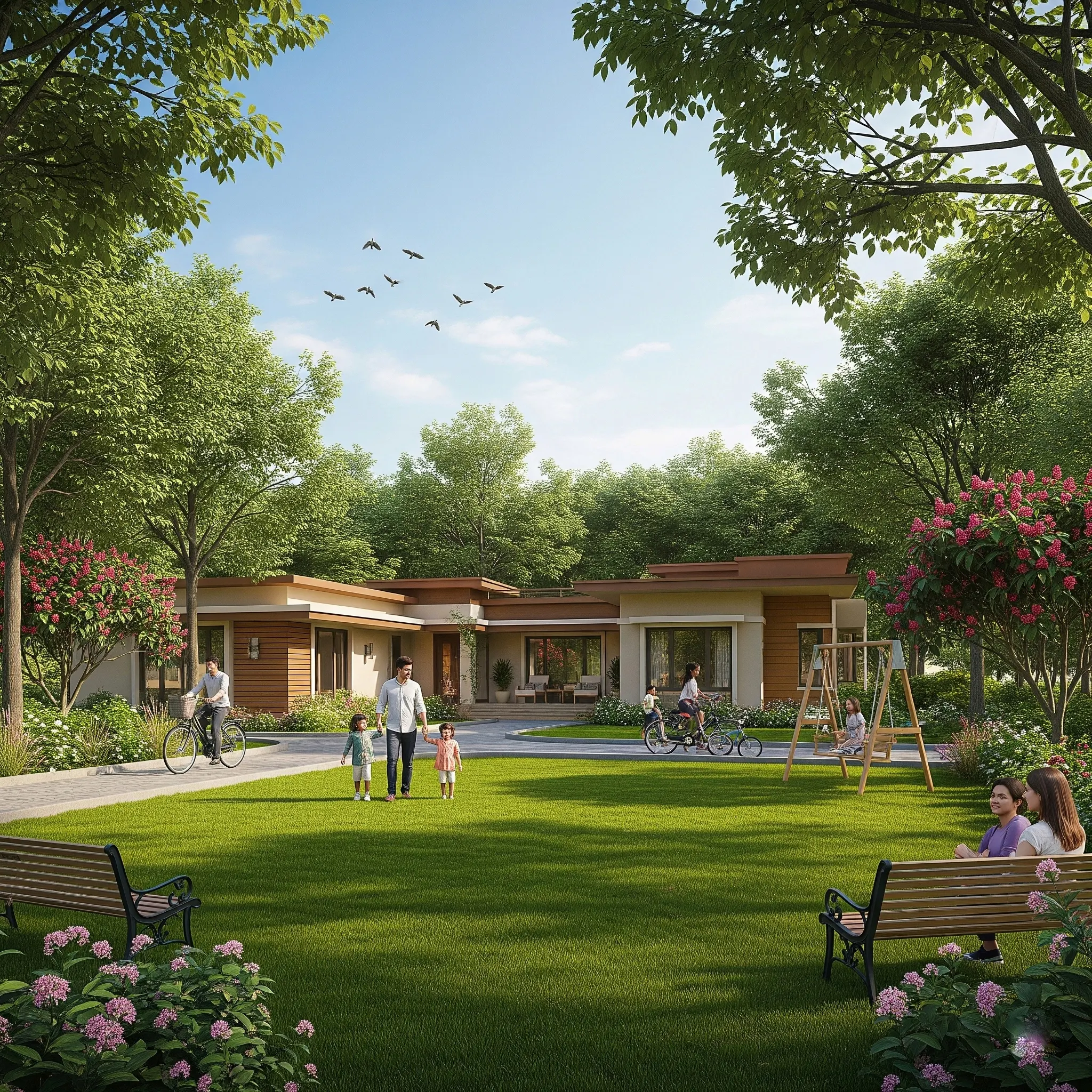 Green bungalows near Adajan Surat with open parks, greenery, and kid-friendly spaces for peaceful family living